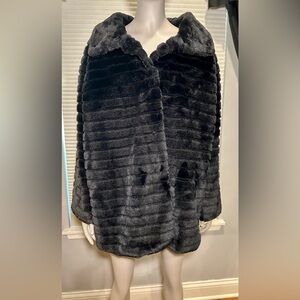 Carmen Marc Valvo Black Faux Fur Coat Jacket Mob Wife Patchwork Glam L